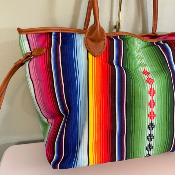 Weekender Tote Bag Rainbow Stripes Canvas Colorful Satchel Travel Makeup Handbag - Picture 4 of 9